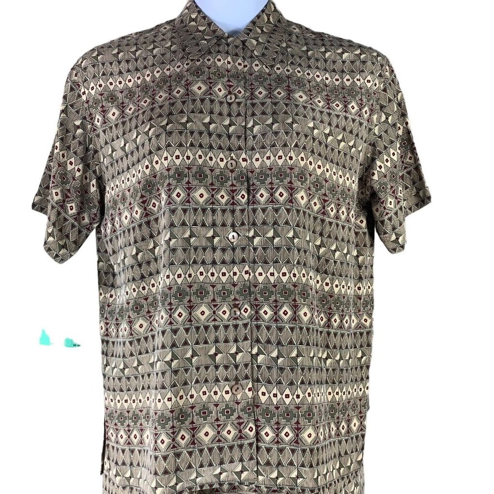 Studio 121 Silk Blouse Short Sleeve Button Up Collared Top Red Khaki Geometric